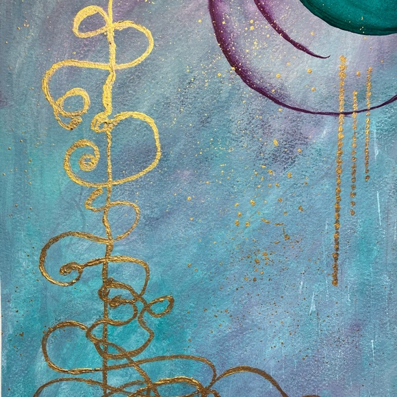 Abstract Original Watercolor Gold Leaf Filigree Green & Purple Painting, 9x12 - Picture 7 of 9